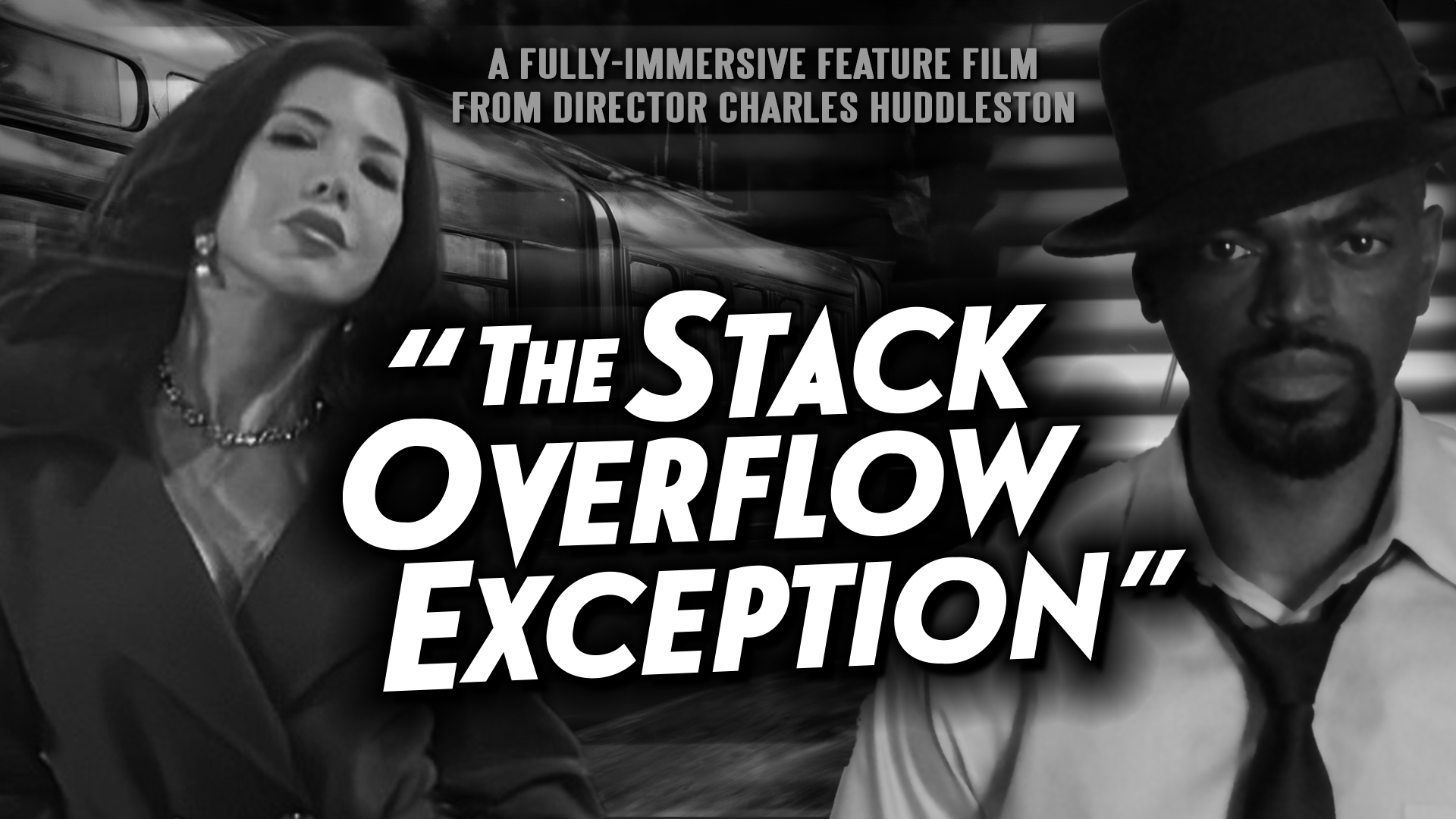 A film noir-style movie poster for The Stack Overflow Exception, featuring a beautiful femme fatale and a serious private detective.